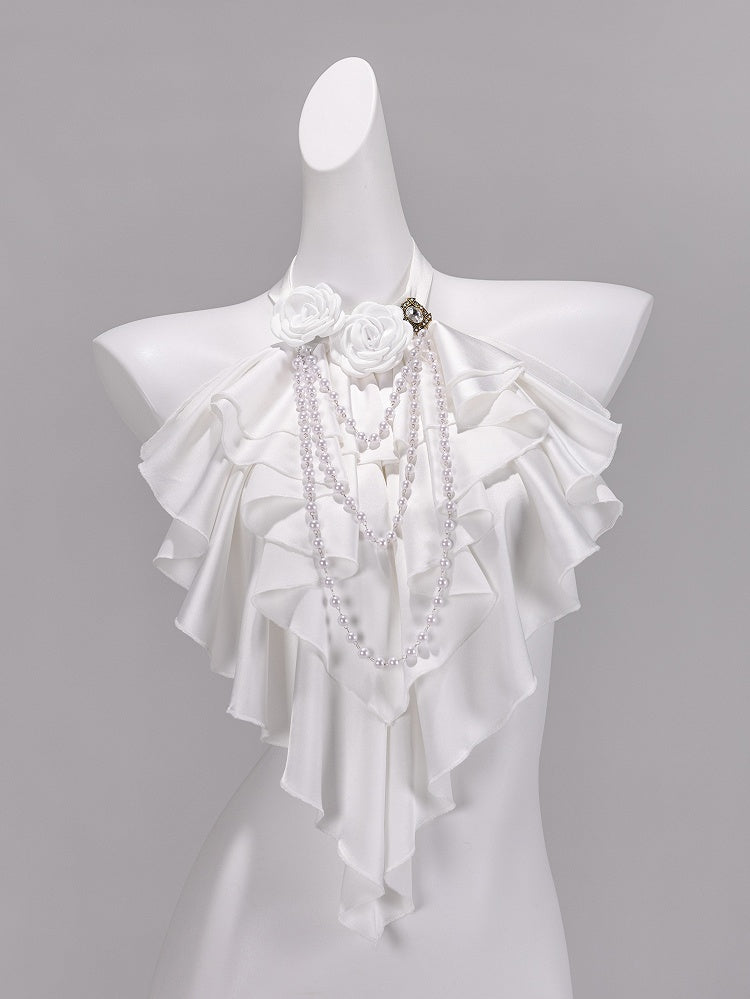 White Layered Jabot Tie with Detachable Rose Bead Chain - DevilInspired Exclusive Collection