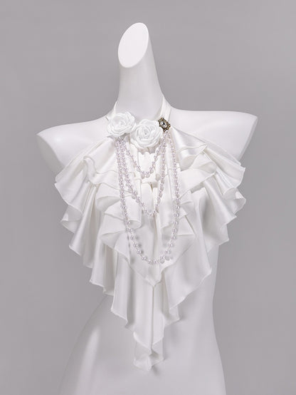 White Layered Jabot Tie with Detachable Rose Bead Chain - DevilInspired Exclusive Collection