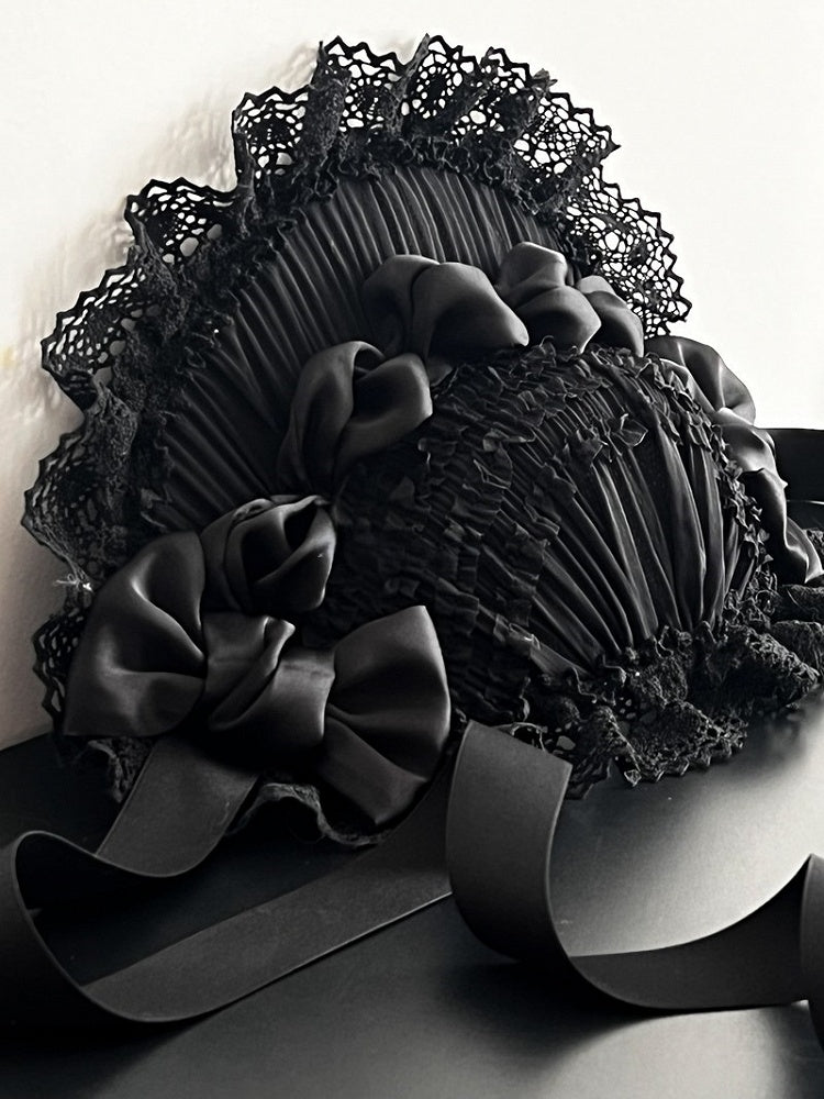Satin and Lace with Bonnet Gothic Bows Lolita Trim Black