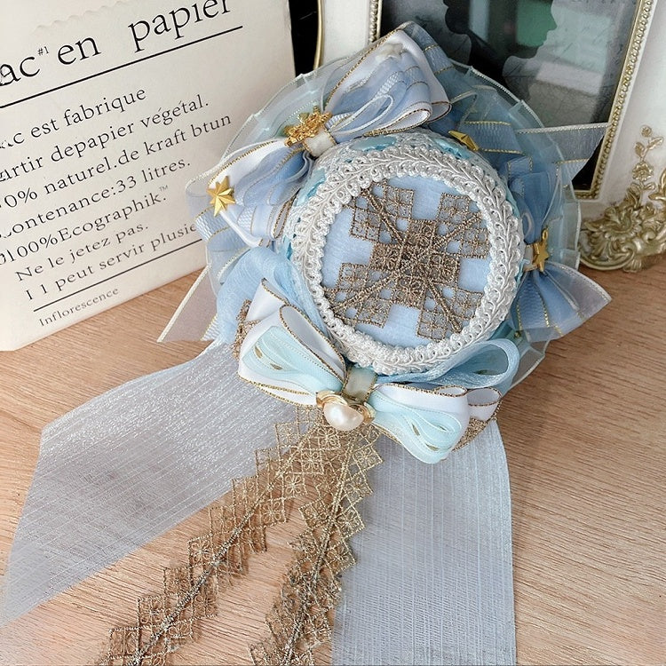 Light/Dark Blue Idol Lolita Cross Embroidered  Star And Beaded Decorated Bowknot Details  Mini Hat