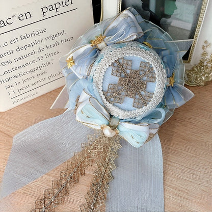 Light/Dark Blue Idol Lolita Cross Embroidered  Star And Beaded Decorated Bowknot Details  Mini Hat