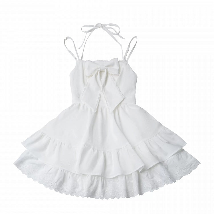 Ivory Halterneck Slip Dress with Lace Accents and Ribbon Knot - PINK SAVIOR