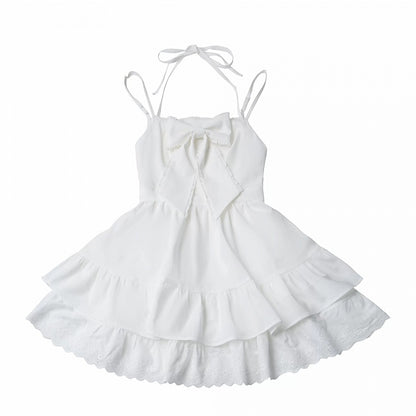Ivory Halterneck Slip Dress with Lace Accents and Ribbon Knot - PINK SAVIOR