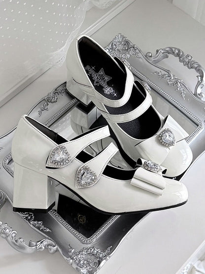 Elegant White Crystal Embellished Square Toe Mary Jane Shoes with Heart Buckle Straps - Transfer Student