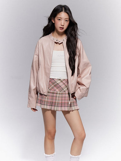 Plaid Lined Pleat Preppy Zipper Style Side Box A-Line Silhouette Pink with Skirt Mini