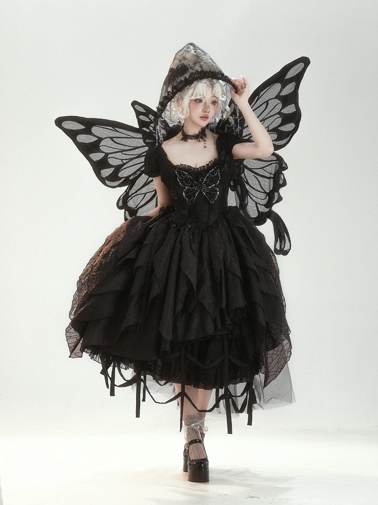 Butterfly Motif Puff Sleeve Lolita Top and Asymmetrical Hem Skirt Set in Black - Sweet Wood Lolita