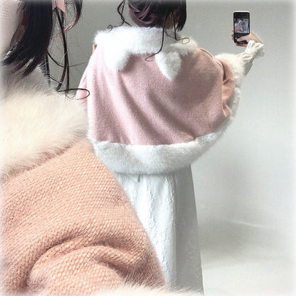 Decor Colors Design Bunny Faux Fur-Trimmed Drawstring Cape Ear with Kei Jirai Bow 3