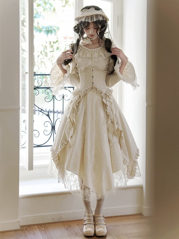 Lolita Dress with Rose Fabric, Lace Panels and Asymmetric Skirt in Beige