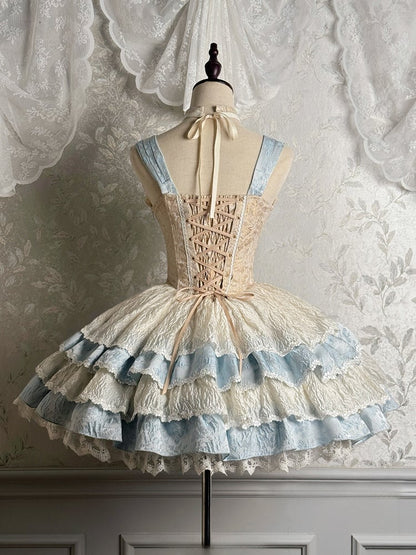 バスクブルー取り外し可能なロリータネックQiホルタードレスウエストティアードスカート