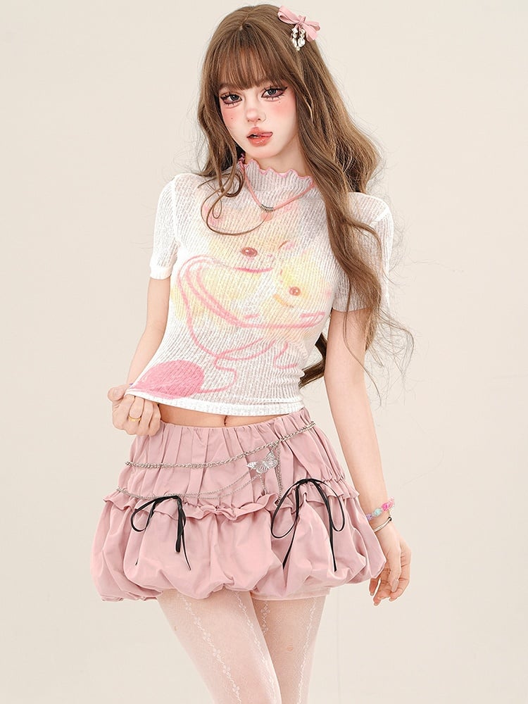 Pink/White Cartoon Kitty Semi-sheer Crop Top