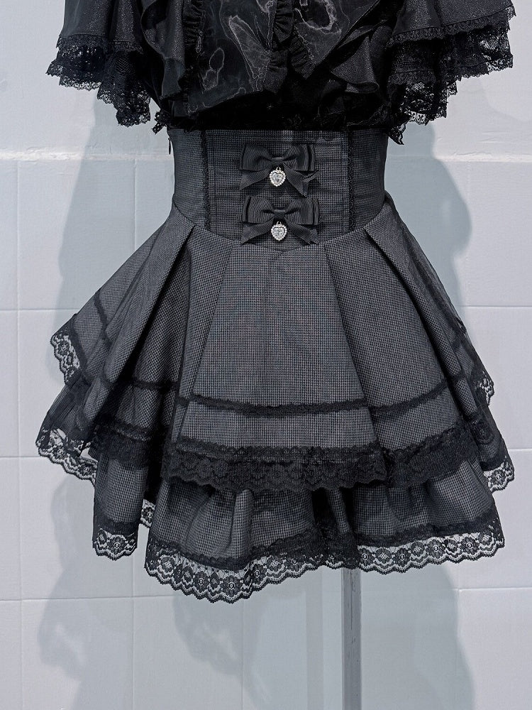 Black High-waisted Check Double-layer Skirt with Lace Trim & Bow - shirohato