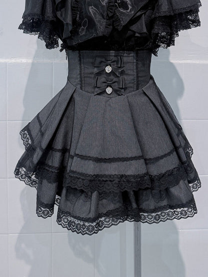 Black High-waisted Check Double-layer Skirt with Lace Trim & Bow - shirohato