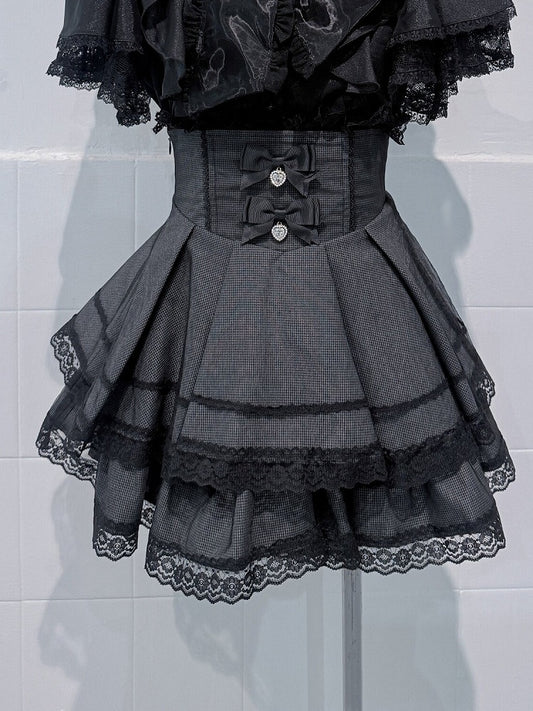 Black High-waisted Check Double-layer Skirt with Lace Trim & Bow - shirohato
