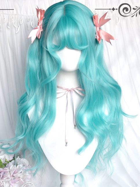 Wavy With Green Wigs 62cm Long Bangs Air