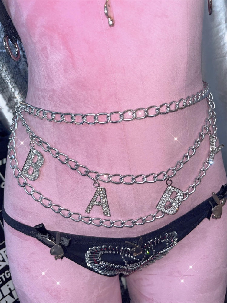 レターラインストーンデザインパンクウエストチェーン