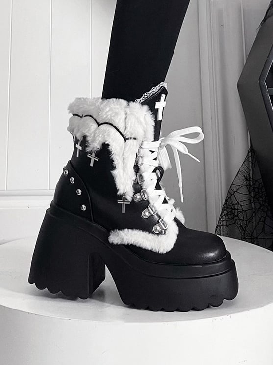 Punk Ankle with High Charm Cross Block Cuff Studded Heel Details Boots Plush Black Platform -