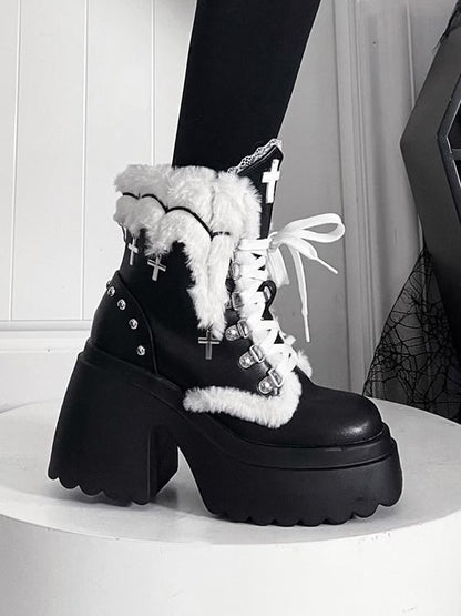 Punk Ankle with High Charm Cross Block Cuff Studded Heel Details Boots Plush Black Platform -
