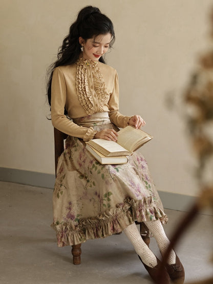 ヴィンテージパープルフローラルプリントフリルトリムハイウエストスカート