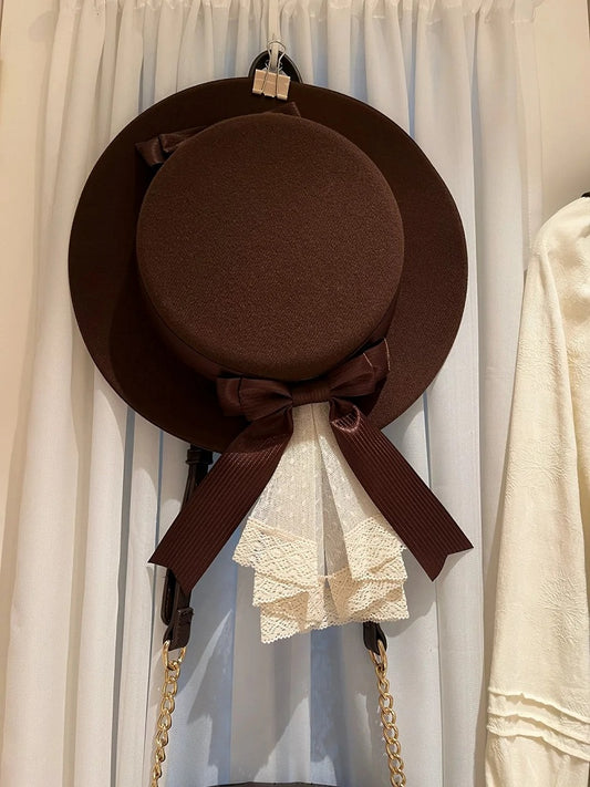 Brown Elegant Lolita Flat Hat Bow Accents - Dream Whale