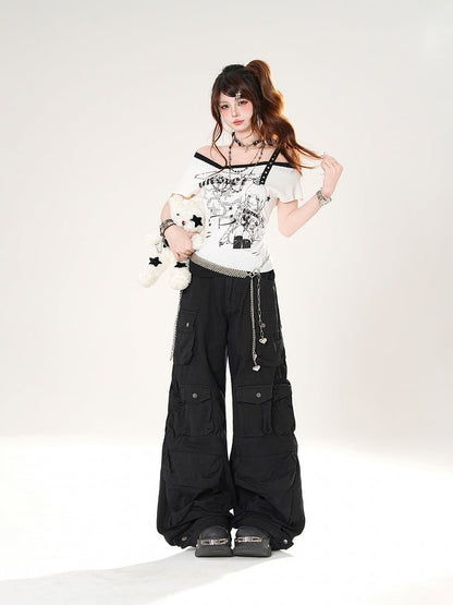 T-shirt Asymmetrical Neckline Slim-fitting Anime Girl Print Gray/White