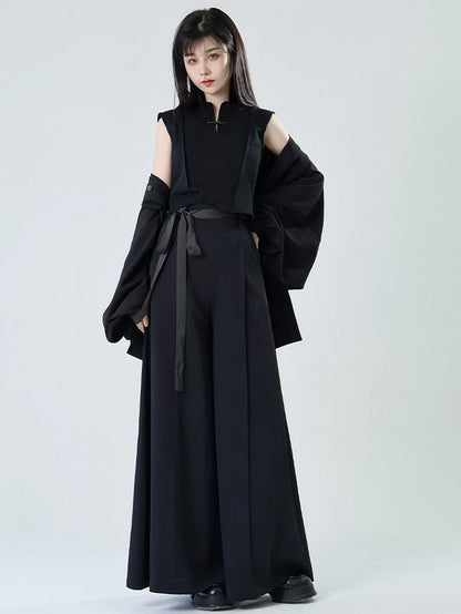 in Belt Zipper Back Chinese Black Pants - Style Wide-leg Hidden Matching