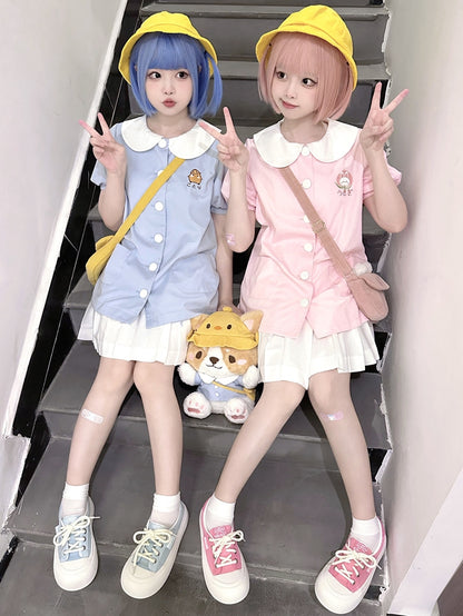 Hellblaues Top mit Puffärmeln und Peter-Pan-Kragen von Little Chicken