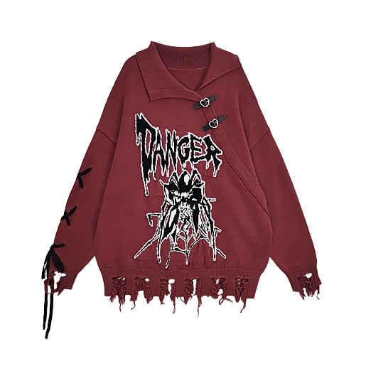 Y2K ダークレッド スパイダー柄 ディストレストリム ルーズセーター レースアップディテールスリーブ