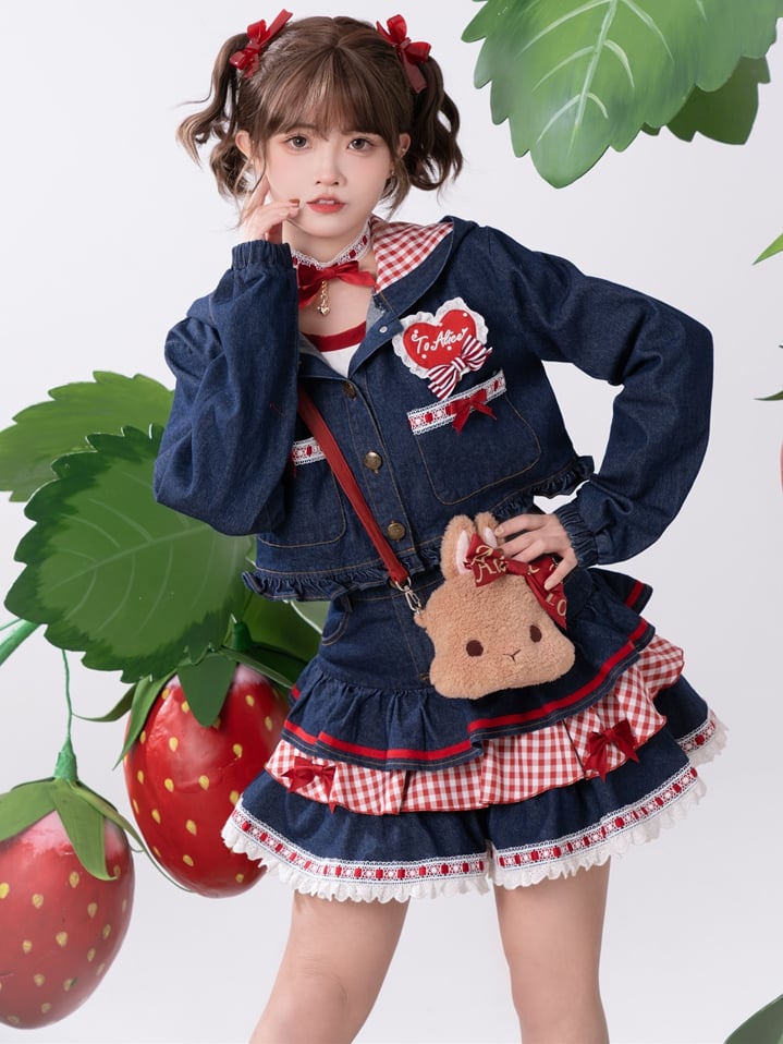 Navy Blue Heart Applique Bunny Ear Hooded Denim Short Jacket Ruffle Hem