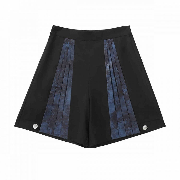 Long Shirt - Black Ouji Blue + Sleeves Tie Waistcoat Jabot Full and Prince Shorts Lolita Set