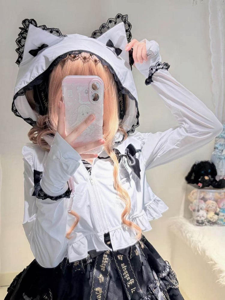 White Kitty-Ear Hooded Cropped Jacket with Lace - Bunny Rush