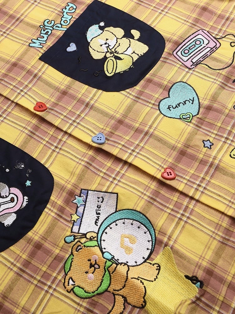 Yellow Plaid Short Sleeve Shirt with Puppy Embroidery - Languid Park