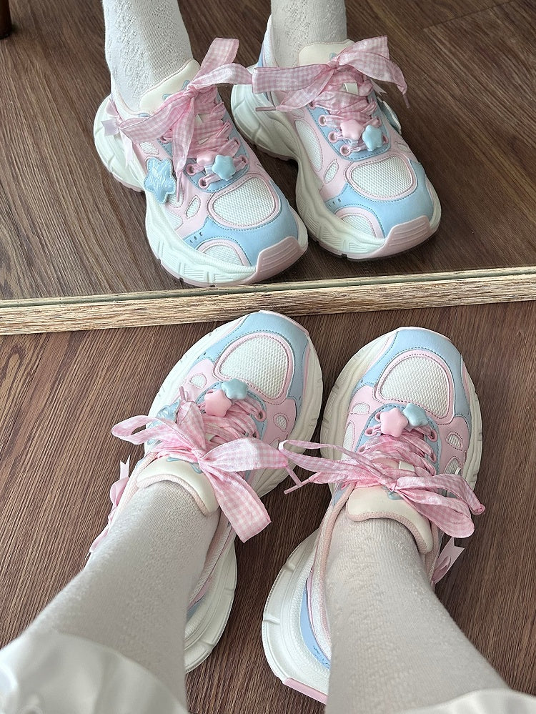 Sneakers Lolita Pink Pattern Plaid Sweet - Lace-Up Blue Closure