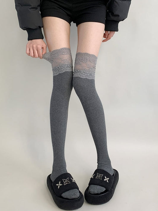 Gray Knit Dark Stockings Lace Ribbed Top