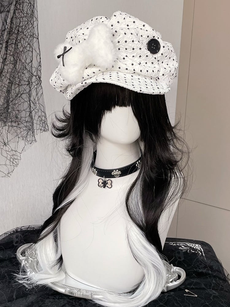 Decorated Black/White Plush Bone With Polka-dot Button Beret Pattern Hat