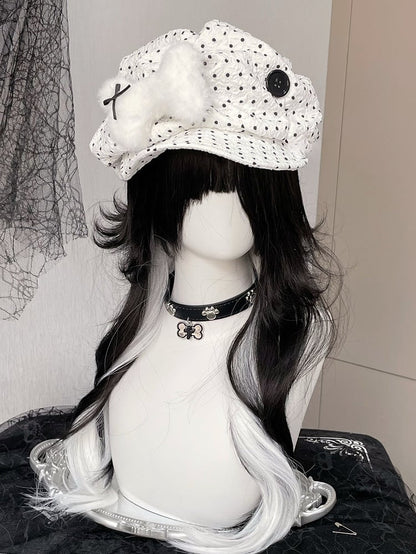 Decorated Black/White Plush Bone With Polka-dot Button Beret Pattern Hat