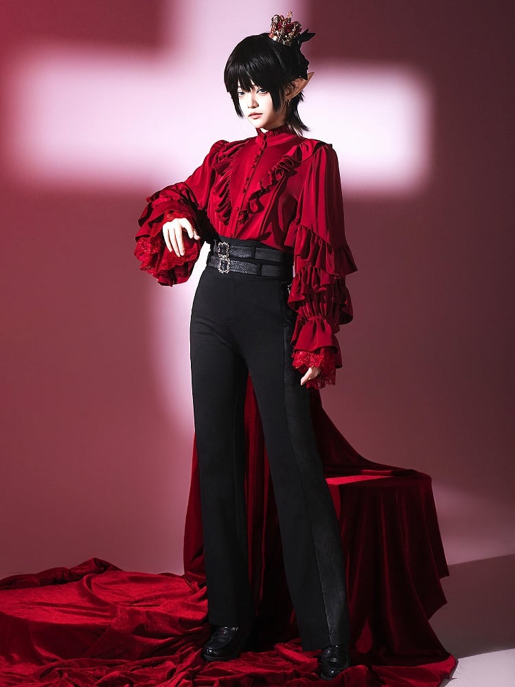 Vampire Sleeves Wine Ouji Long Lolita Shirt Red Neckline Ruffle