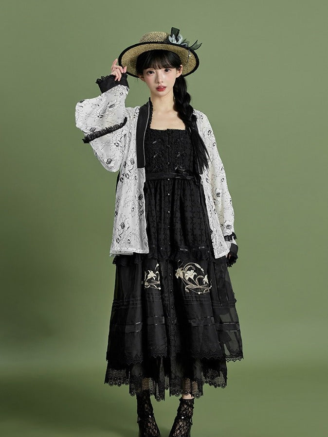 Floral Embroidery Wide Sleeve Bow Top - Tan Tuan