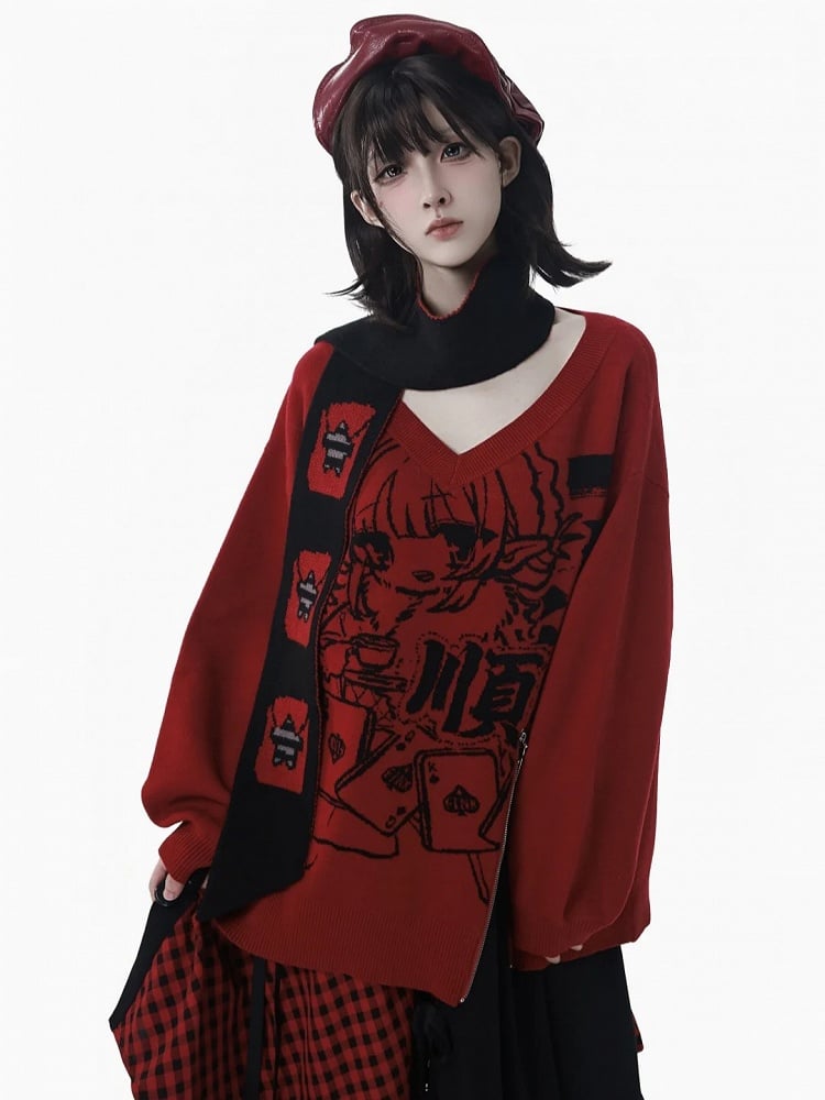 Pattern Zipper Hem Knit Sweater Girl New Loose-Fit Cartoon with Red/Black and Inspired Year