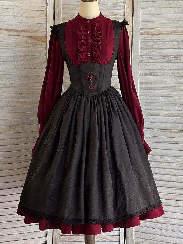 Drawstring Gothic with Dress Straps Shoulder Lace-Trimmed Waist Cross Black Embroidery Basque Lolita JSK and
