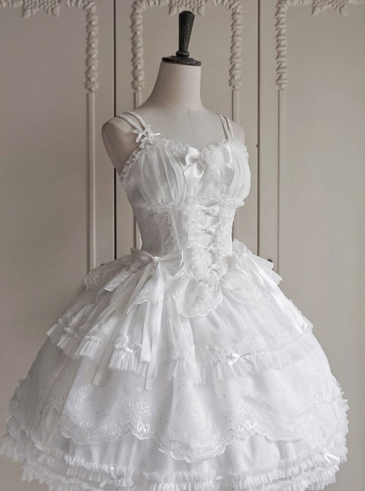 Lace Classic Bow Accents Trim Elegant Boned and Corset Rose White Top Lolita with