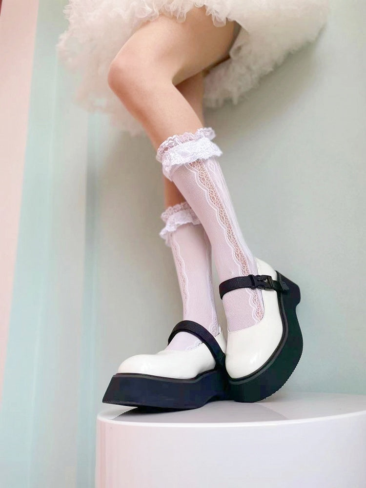 White/Cream Yellow Ruffled Lace Cuff Calf Socks