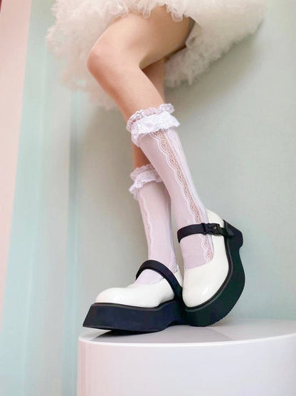 White/Cream Yellow Ruffled Lace Cuff Calf Socks