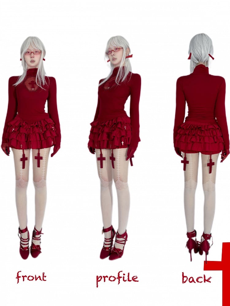 Gothic Red Cross Charms Tiered Ruffles Skort