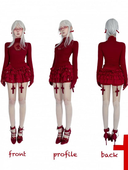 Gothic Red Cross Charms Tiered Ruffles Skort
