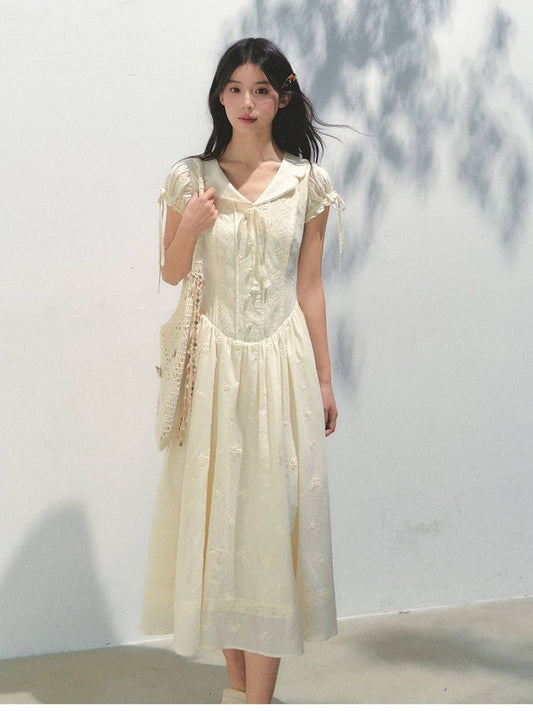 Puff with Yellow Embroidered Elegant Dress Sleeves Light Bowknot