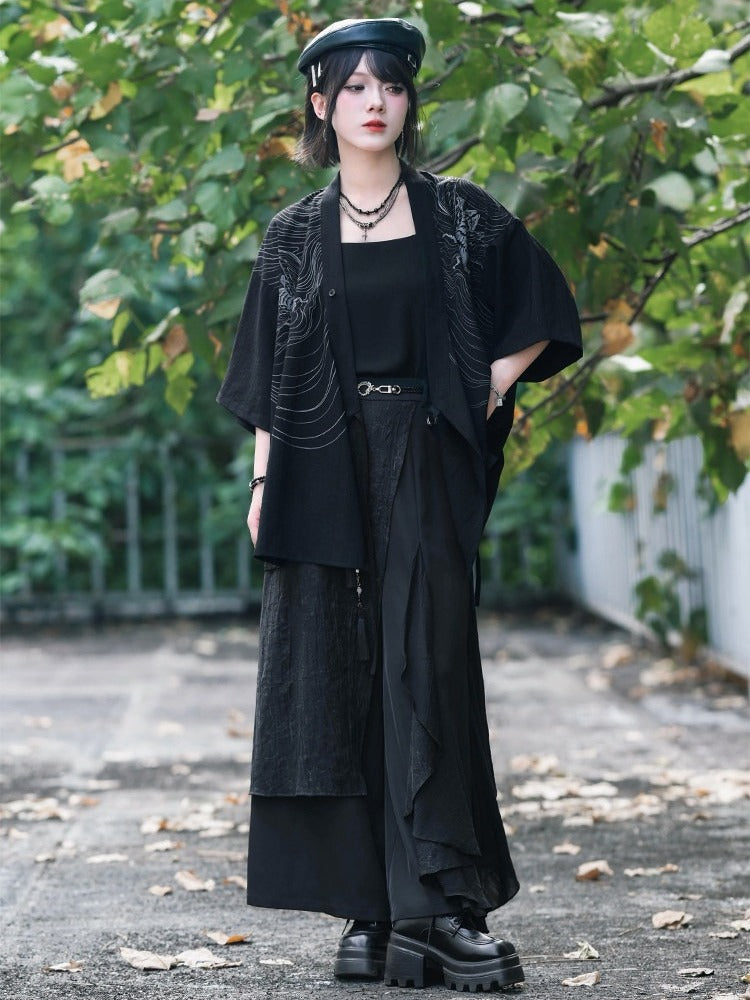 Dark Asymmetric Wide-Leg Pants with Spliced Panels - Quirky Hut
