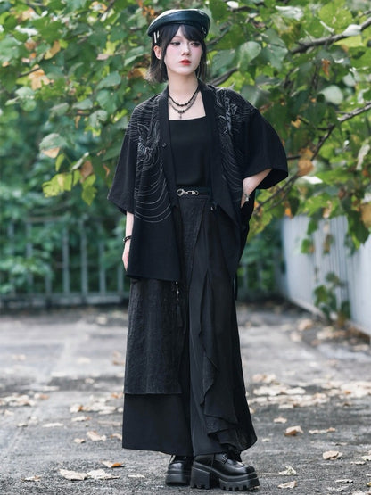 Dark Asymmetric Wide-Leg Pants with Spliced Panels - Quirky Hut