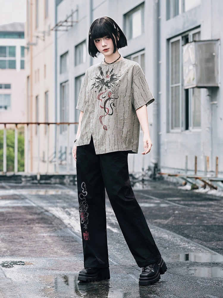 Black Totem Print Straight-Leg Pants with Drawstring Cuffs - Quirky Hut