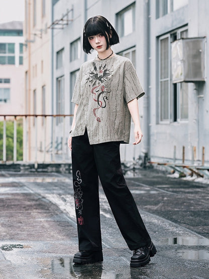 Black Totem Print Straight-Leg Pants with Drawstring Cuffs - Quirky Hut