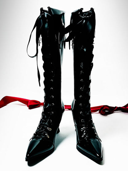 Cross Polished Design Gothic - Fold-Over Boots with Black Detachable Pointed Toe Cuff Charm Knee-High